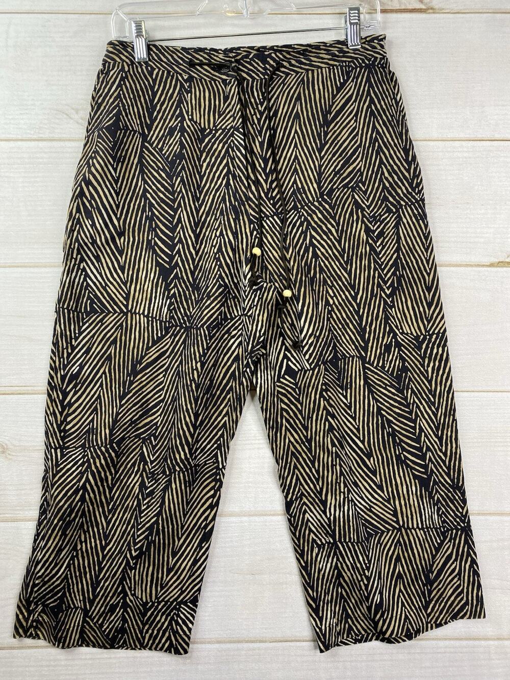 LRL Ralph Lauren Pants Womens 8 Black/Brown Silk Linen Blend Cropped Lightweight
